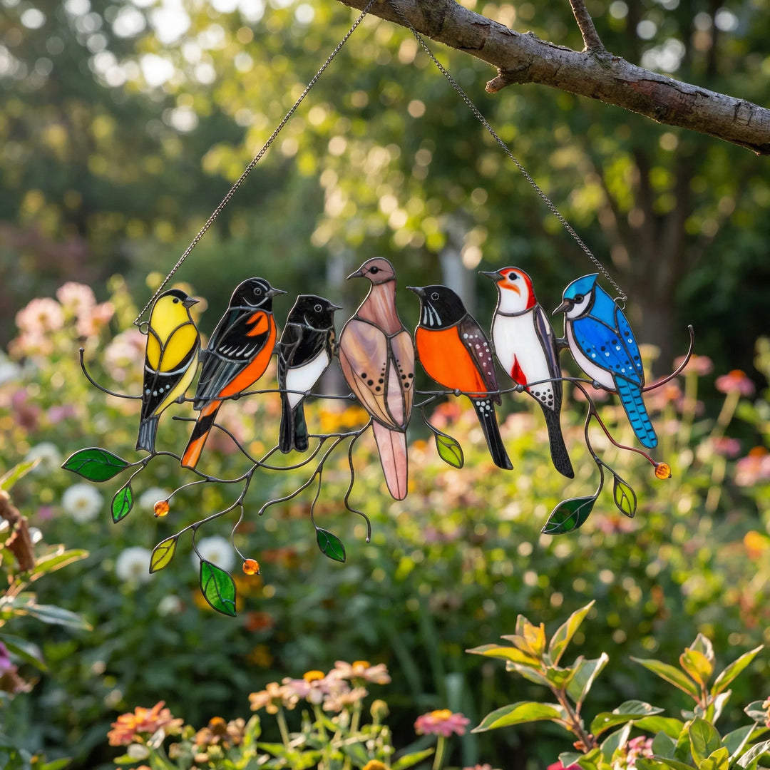 Vibrant stained glass bird suncatcher for windows. Colorful, handcrafted bird decor, perfect as a home or garden accent.