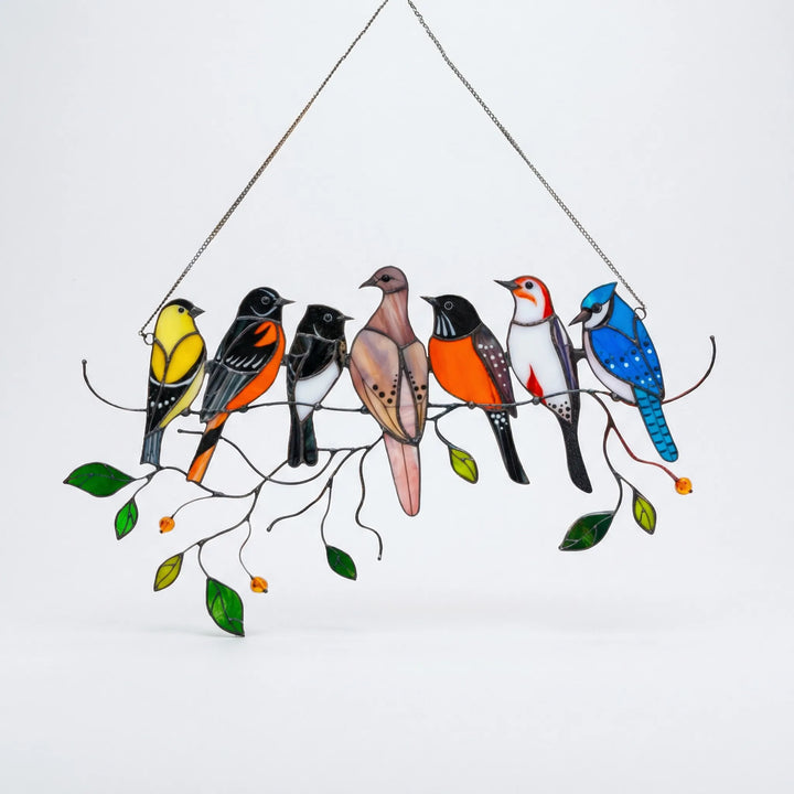 Unique stained glass bird suncatcher. Intricate colorful bird art, ideal as a window hanging or thoughtful garden gift.
