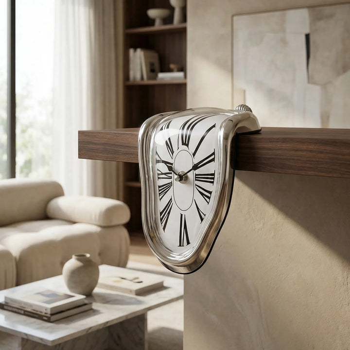Surreal sculptural mantel clock, gold finish, unique home decor accent piece.