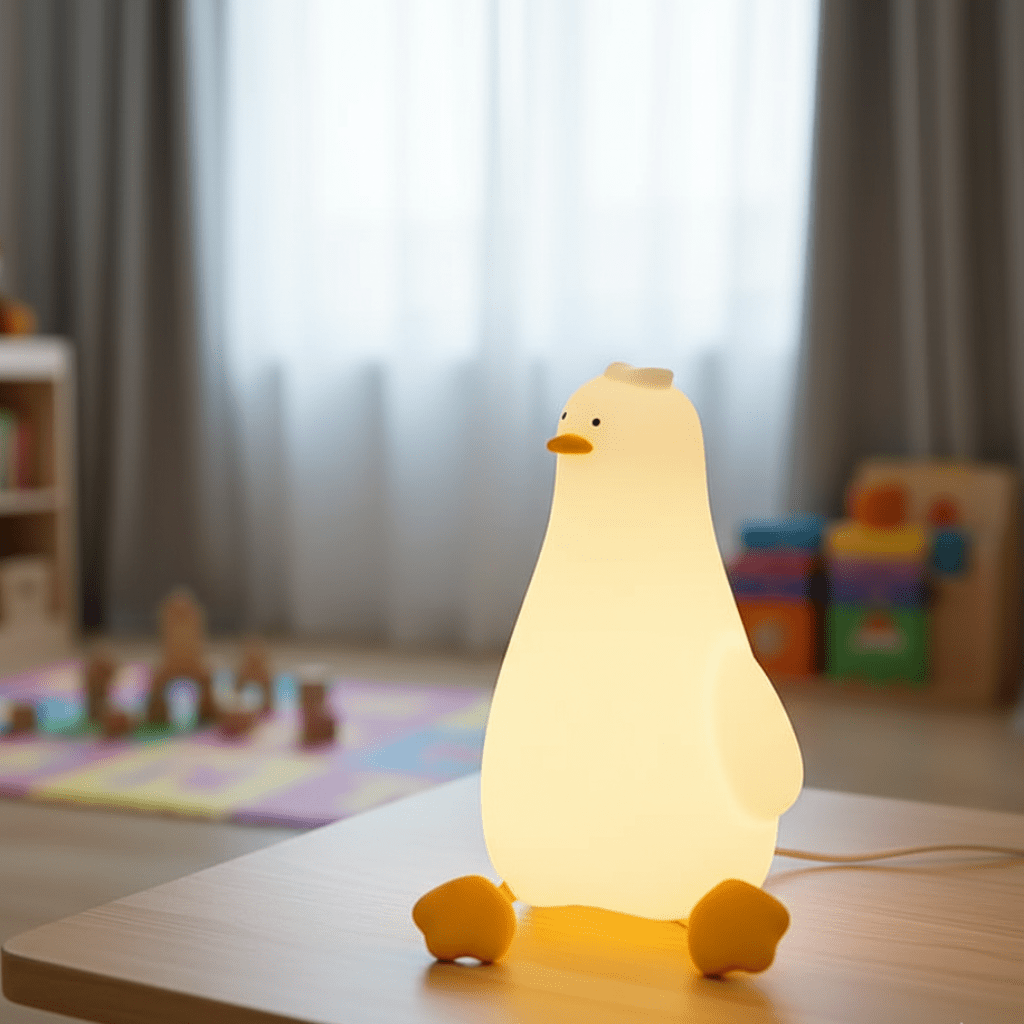 Soft silicone dimmable night light for kids, baby-safe, perfect for a cozy nursery.