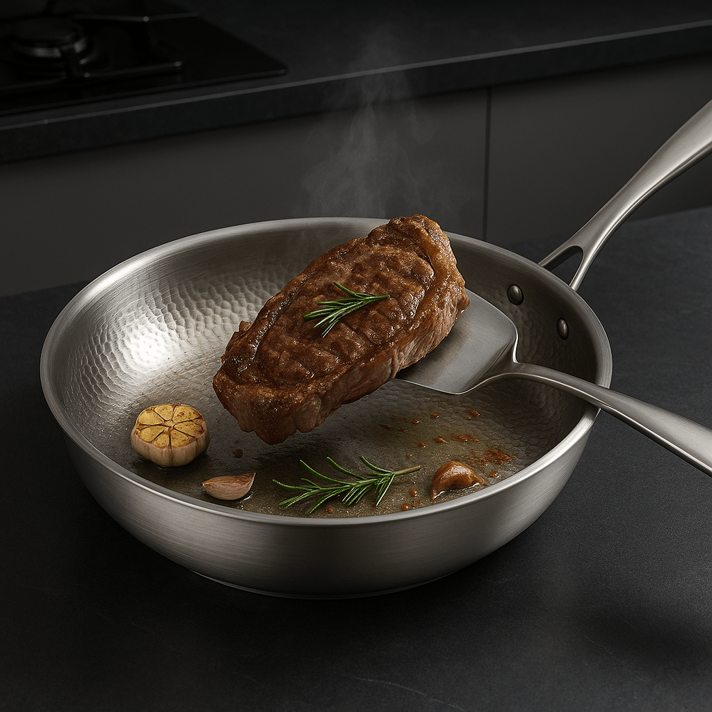 Premium uncoated titanium frying pan for healthy cooking on all stovetops, including induction.