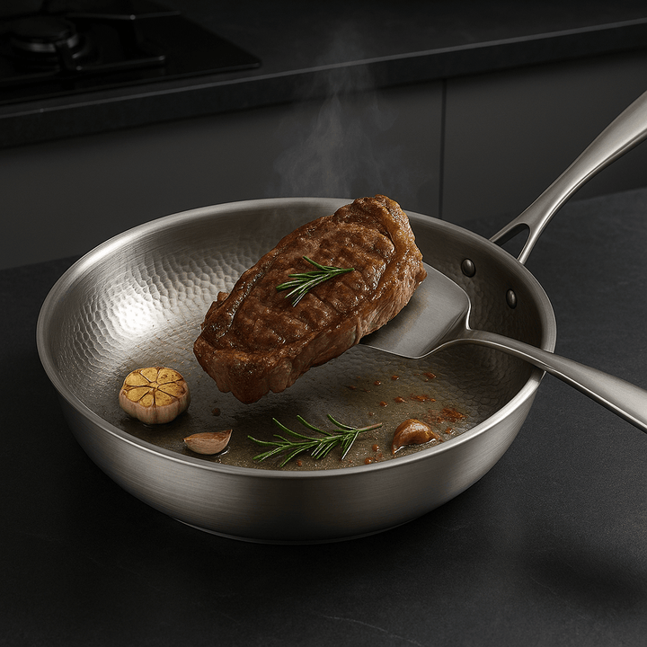 Premium uncoated titanium frying pan for healthy cooking on all stovetops, including induction.