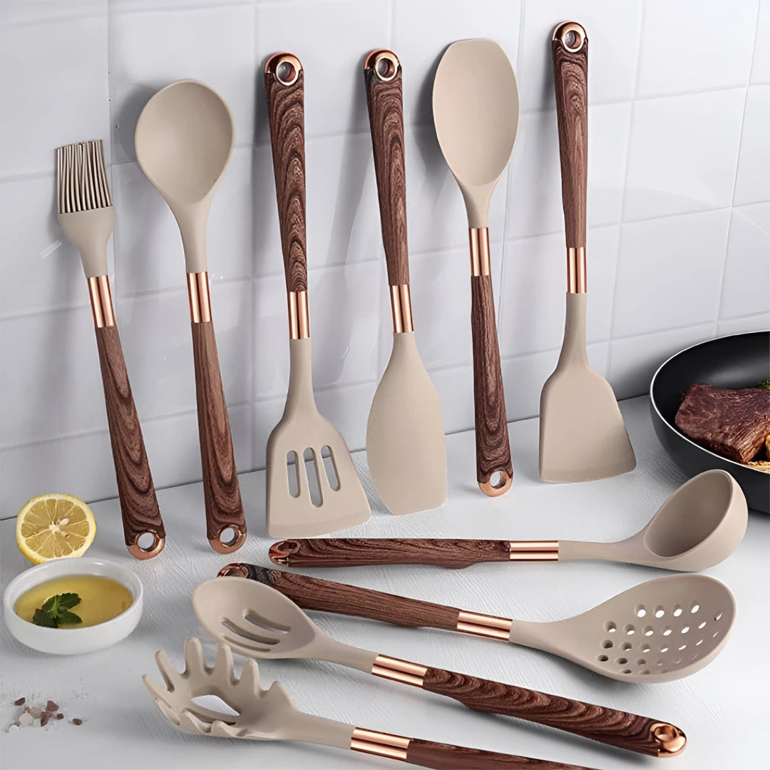 10-piece elegant kitchen utensil set with heat-resistant silicone heads, copper accents & wooden handles.