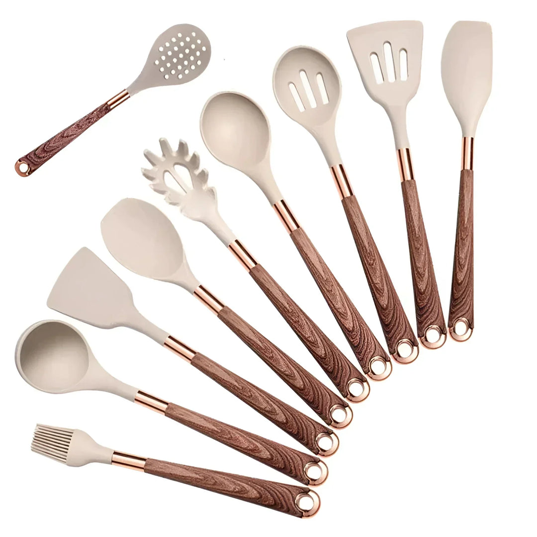 Elegant 10-piece luxury kitchen tools set with heat-resistant silicone heads, durable wooden handles, & copper accents.