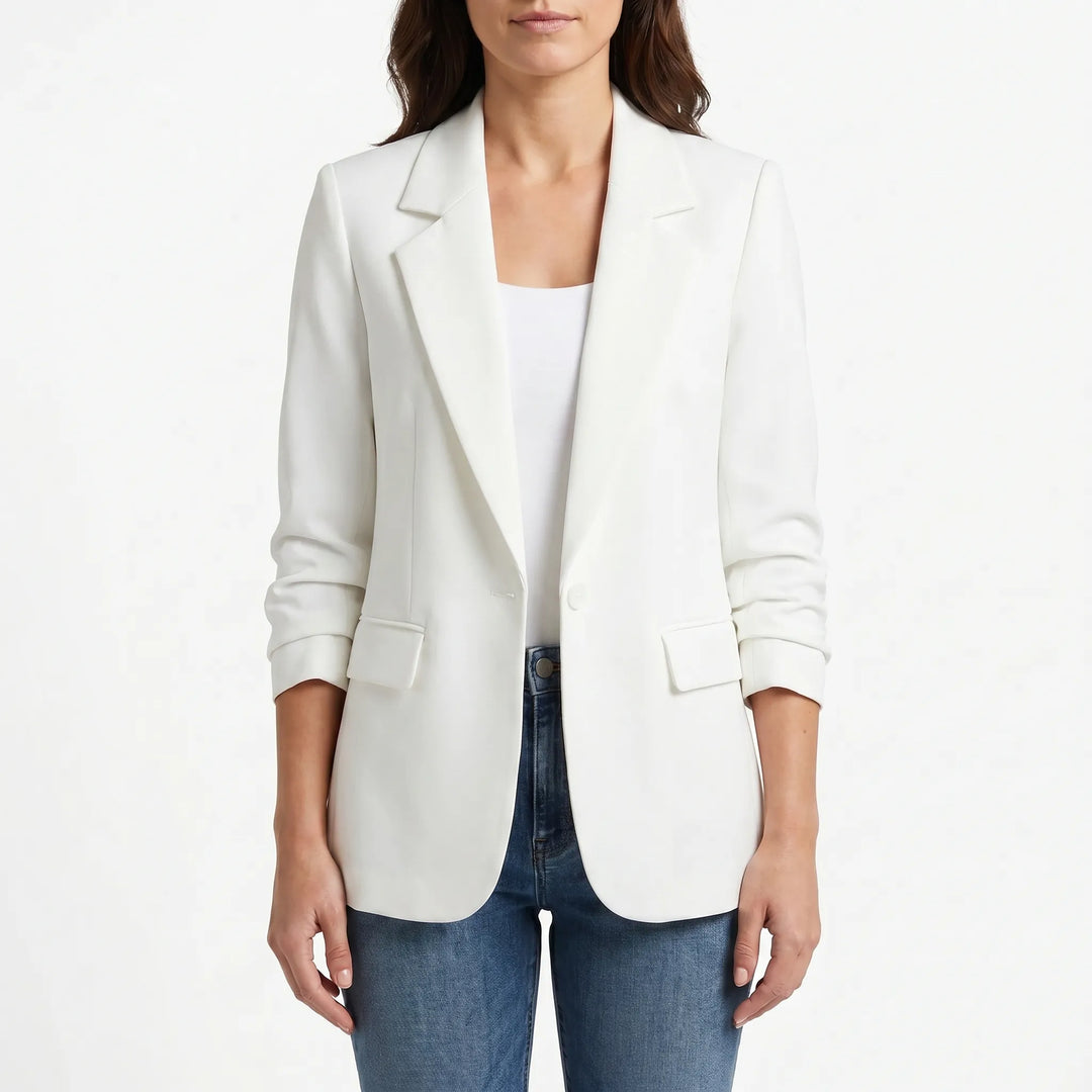 Sophisticated women's tailored blazer, single-button design, ideal for elegant outerwear & business attire.
