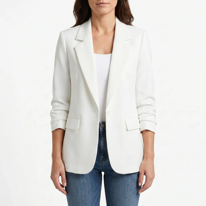 Sophisticated women's tailored blazer, single-button design, ideal for elegant outerwear & business attire.