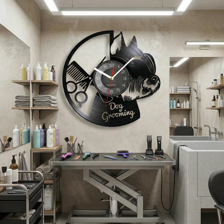 Decorative dog grooming wall clock for pet lovers. Unique animal theme home decor, perfect for silent timekeeping.