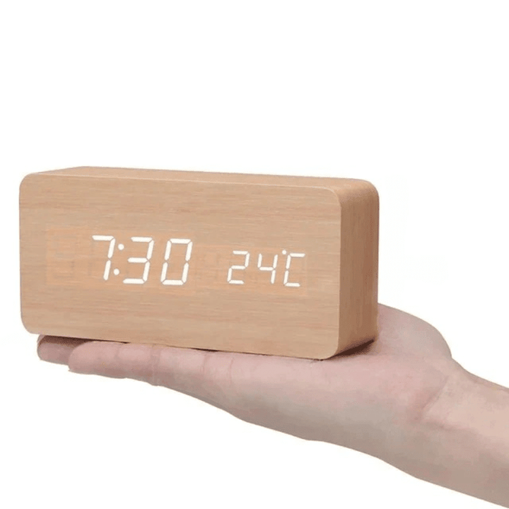 Natural wood LED clock with voice control & alarm, a stylish and functional home decor piece.