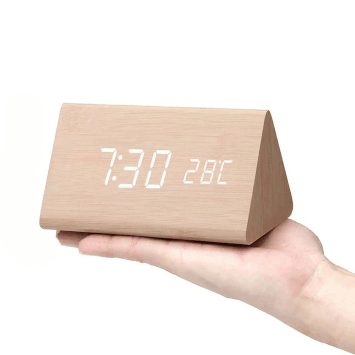 Smart wooden beam clock featuring bright LED display, voice activation, & alarm function.