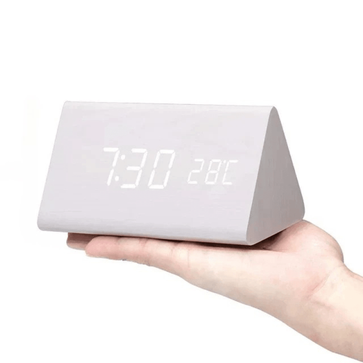 Sleek triangular wooden LED clock, perfect for bedroom or office desk, with voice control.