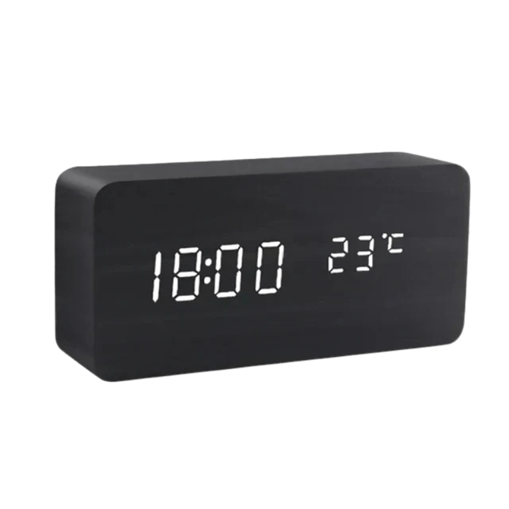Cubic wooden LED smart clock with alarm and voice control, ideal for contemporary spaces.