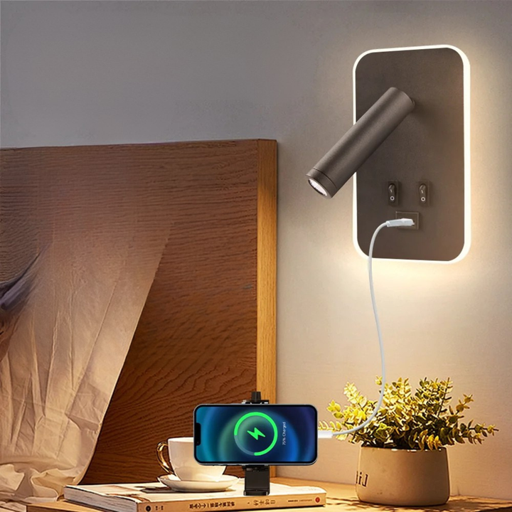 Modern LED wall lamp with USB charger & rotatable light for bedside reading. Tavvitaimp18 bedroom sconce.