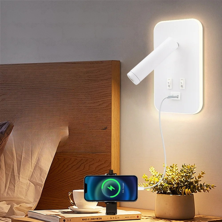 Stylish LED wall sconce, adjustable bedside lamp with integrated USB charger; modern, functional lighting.