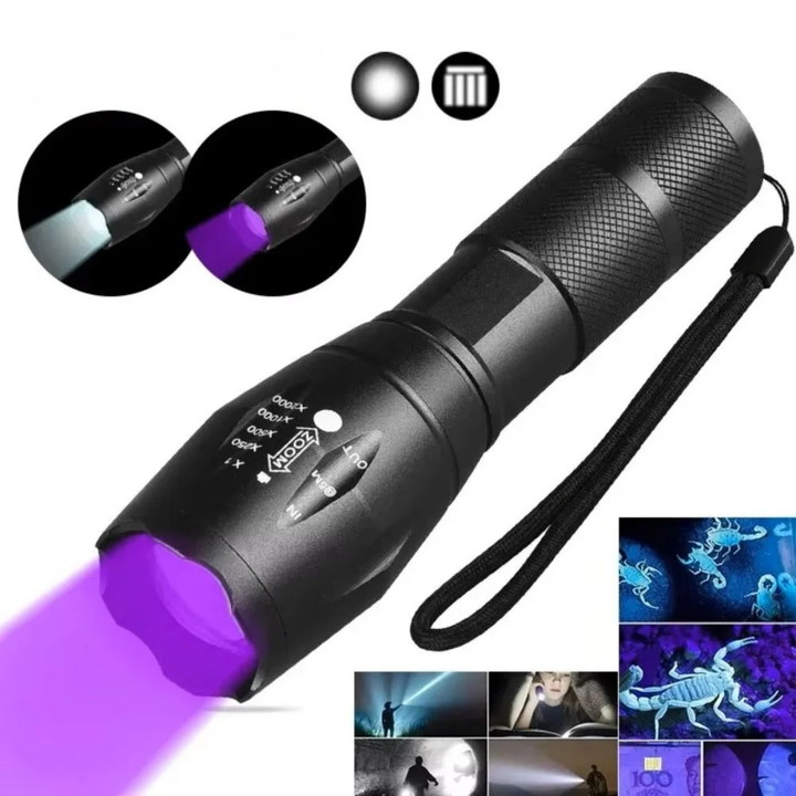 UV Blacklight Flashlight for pet stain detection, urine & home inspection. Rechargeable, portable ultraviolet light tool.