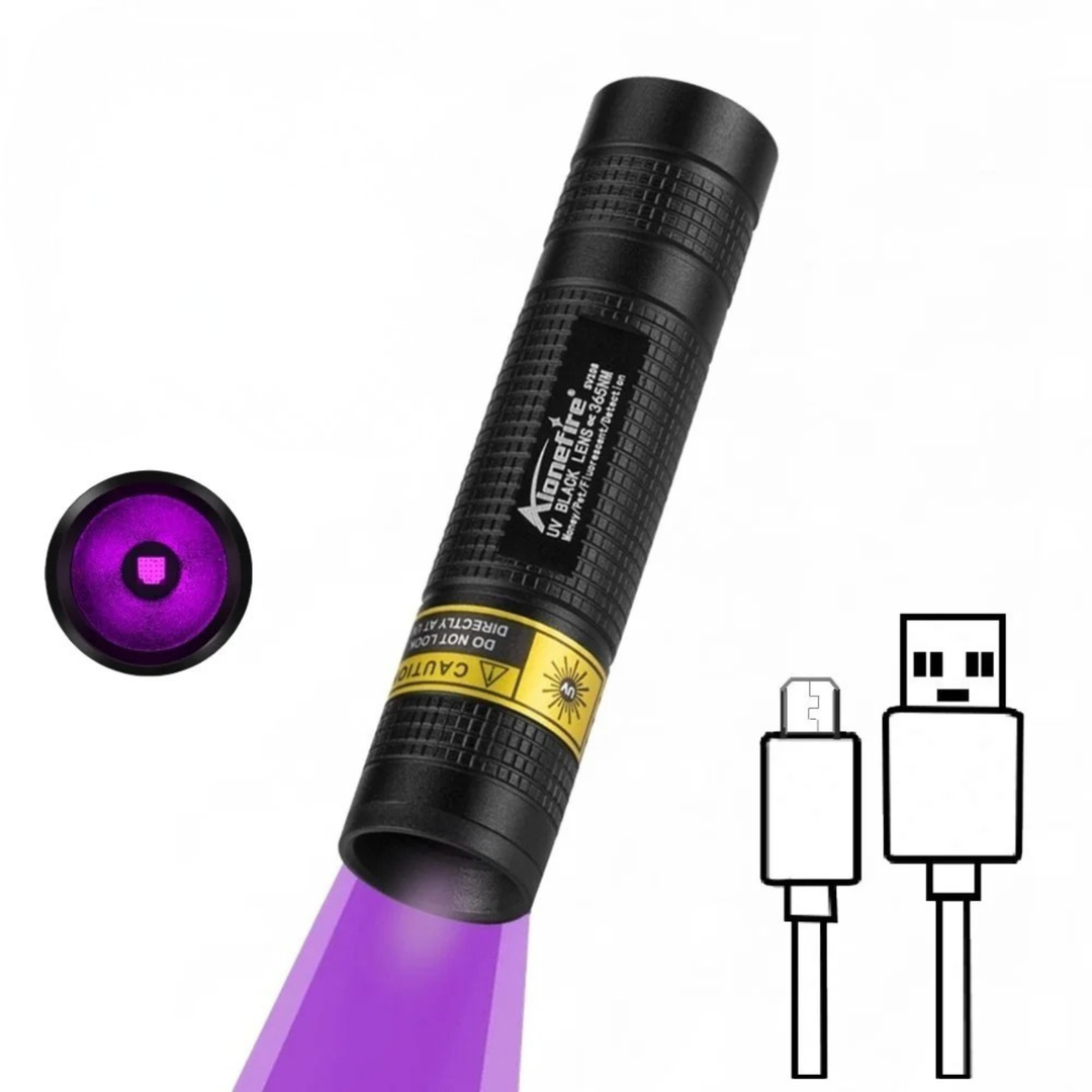 Mini UV blacklight flashlight for detecting pet urine stains on carpets & furniture.