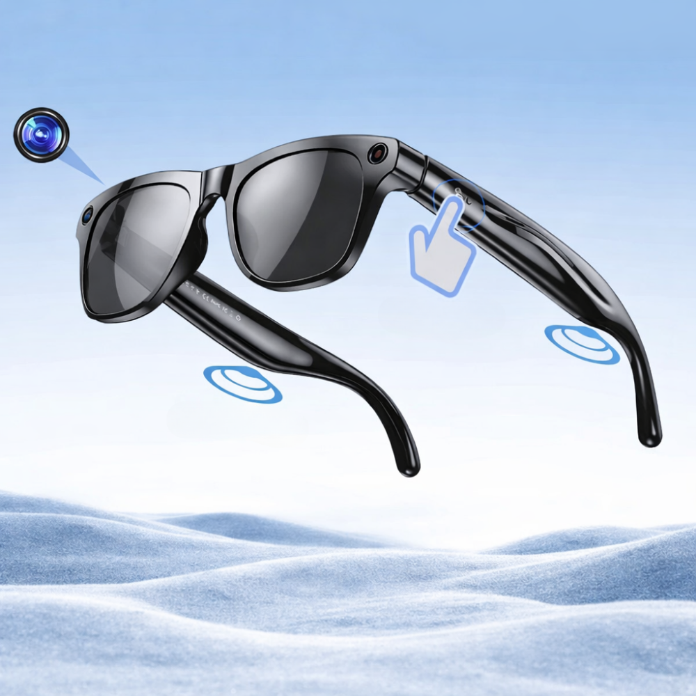 Innovative unisex smart glasses: camera for hands-free video, Bluetooth music & light-adapting photochromic lenses.