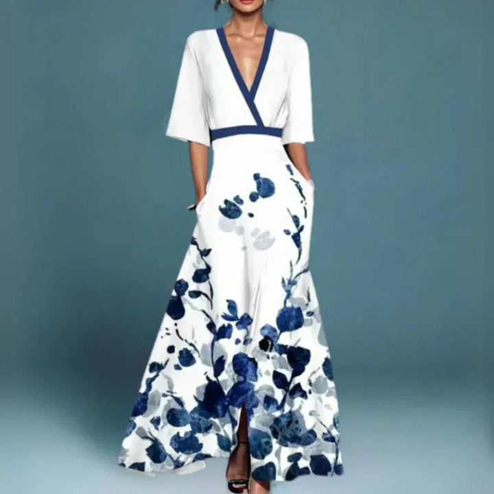 Beautiful white floral V-neck long maxi dress for women. Ideal for elegant occasions, parties, or a summer vacation look.