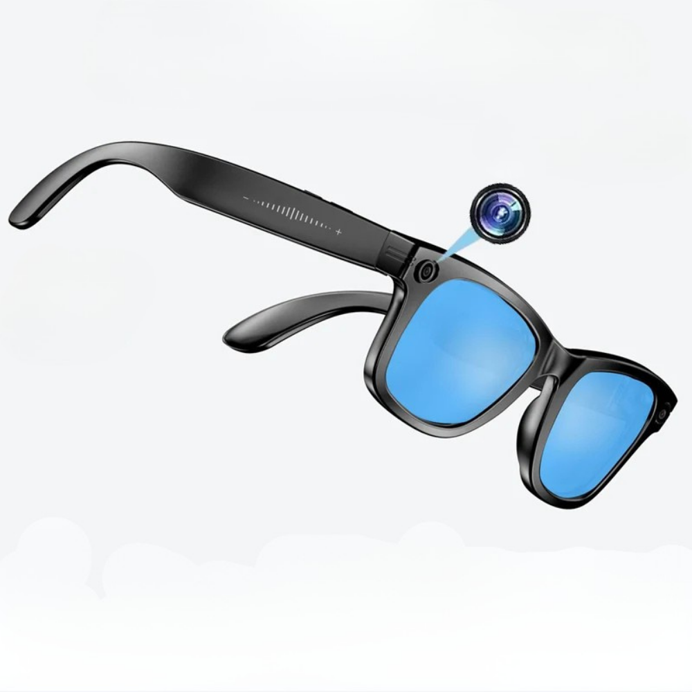 Person wearing smart sunglasses for hands-free HD recording & real-time translation outdoors.