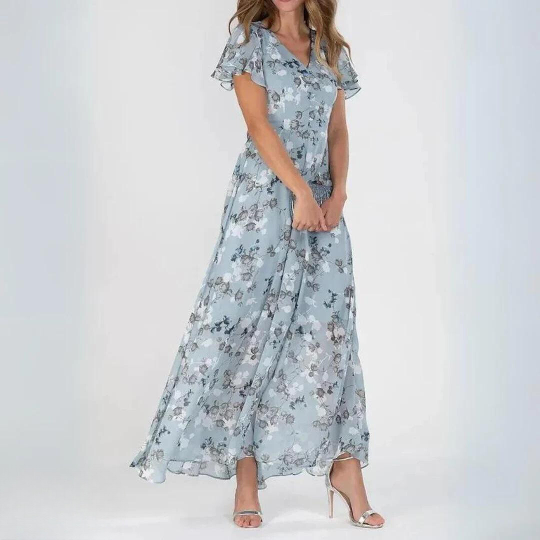 Women's elegant floral print maxi dress with flutter sleeves, ideal for garden parties & occasion wear.