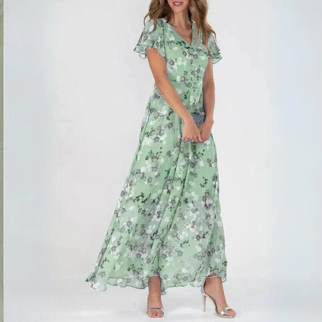 Stylish women's summer floral maxi dress, a V-neck design with graceful flutter sleeves for comfort.