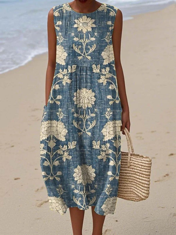 Women's floral A-line midi dress, sleeveless, perfect for summer casual wear, beach, vacation, or spring fashion.