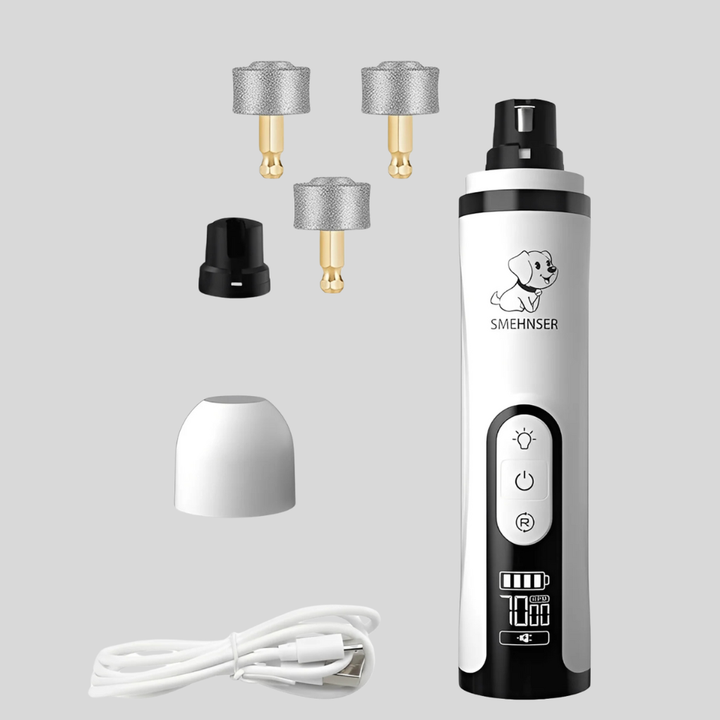 Quiet electric pet nail grinder for stress-free dog & cat paw grooming. Rechargeable for gentle, calm pet care.