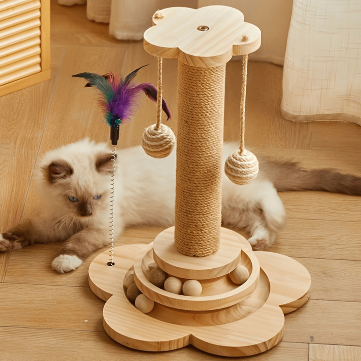 Solid sisal cat scratching post with comfortable top perch; perfect pet furniture for feline scratching and play.