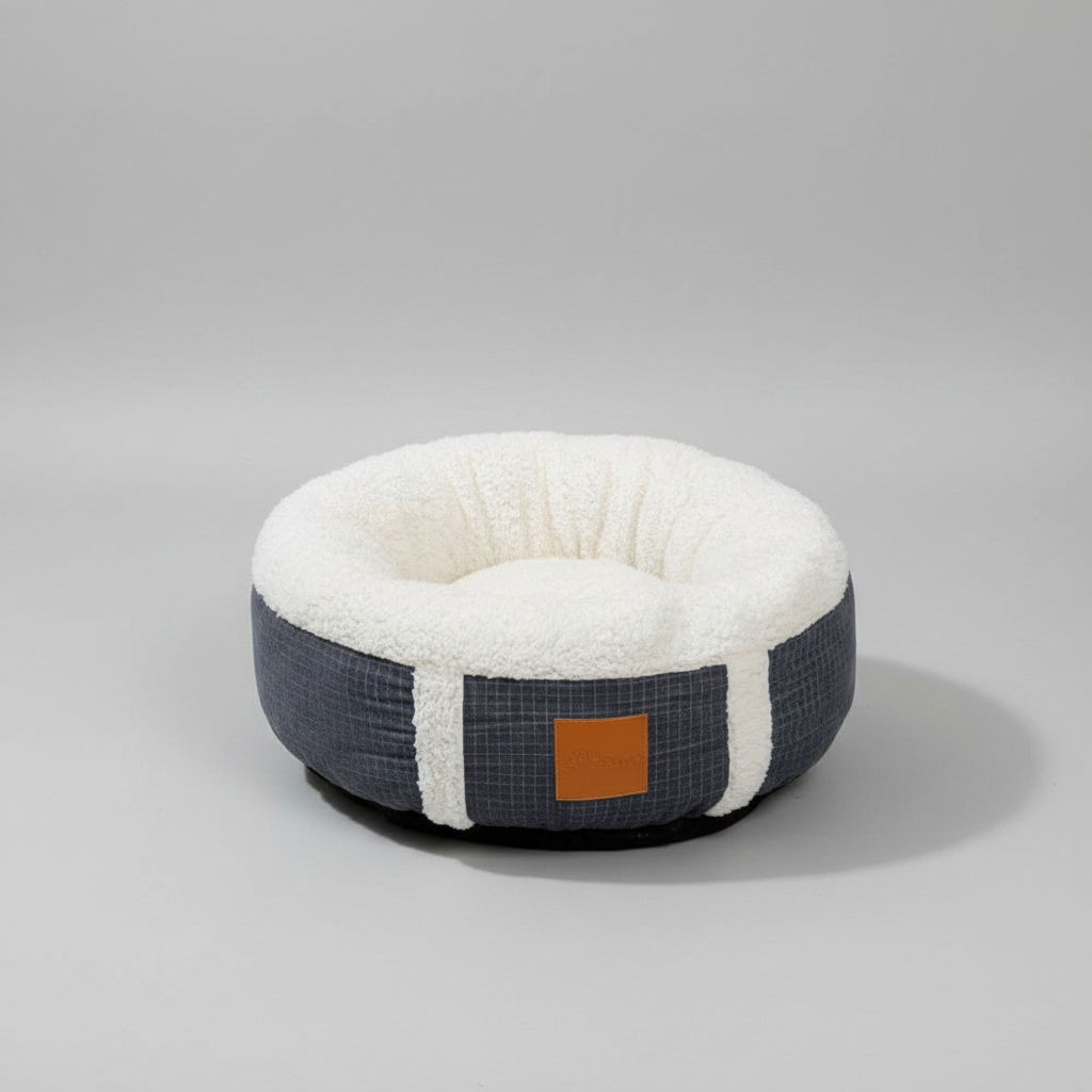 Cozy winter pet bed, super-soft calming plush nest for cats & small dogs. Washable round design for indoor pets.