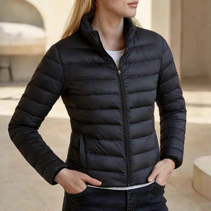 Women's quilted puffer jacket, slim fit, cozy warmth. Ideal for winter & autumn fashion.