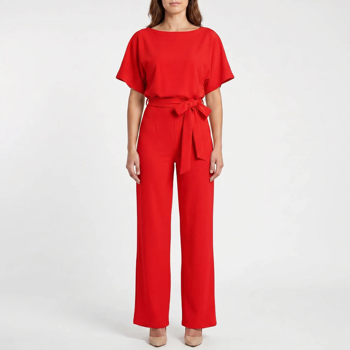 Women's elegant wide-leg jumpsuit with batwing sleeves, a keyhole back, and a comfy, flattering belted design.