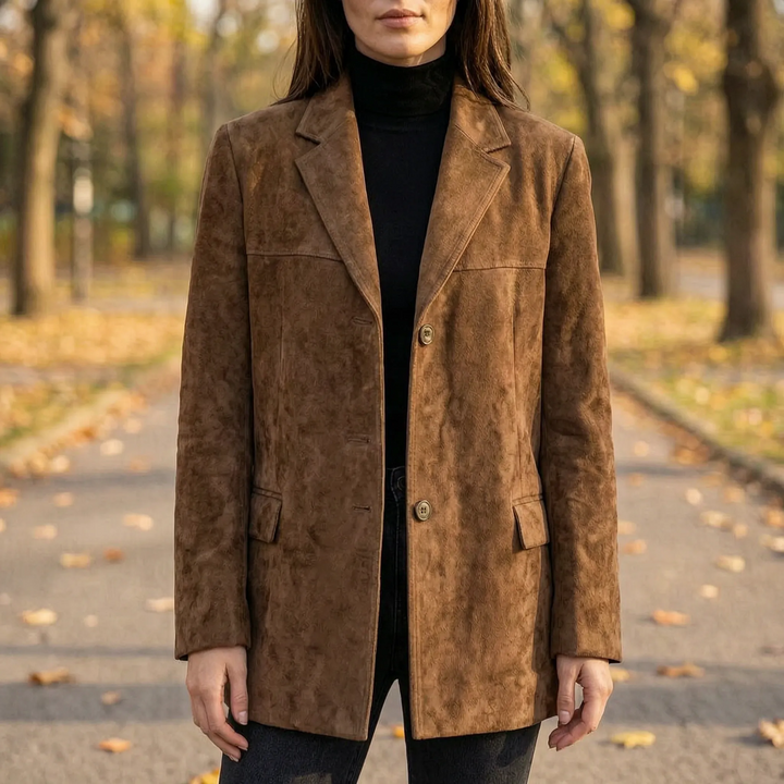Women's classic brown suede-effect jacket, perfect for spring & autumn. Features tailored fit, lapel collar, and button front.