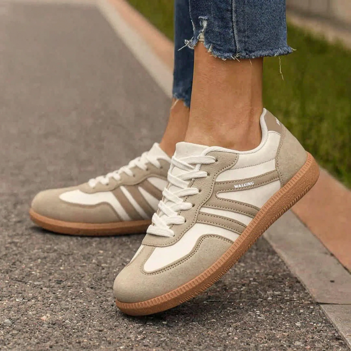 Women's retro-stripe lace-up trainers, designed for all-day comfort and casual daily wear.
