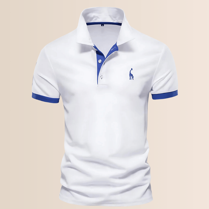 Comfortable solid color men's short sleeve polo shirt, relaxed fit with stand collar, suited for summer wear.