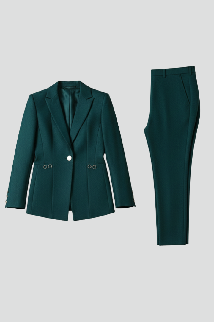 Women's tailored blazer set with one-button jacket and straight leg pants, perfect for professional office wear.
