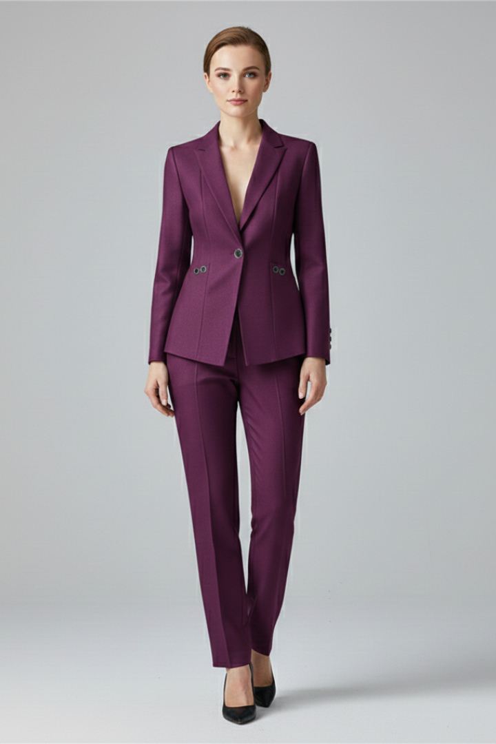 Sophisticated women's blazer set with a single-button jacket and flattering straight leg trousers, ideal for work.