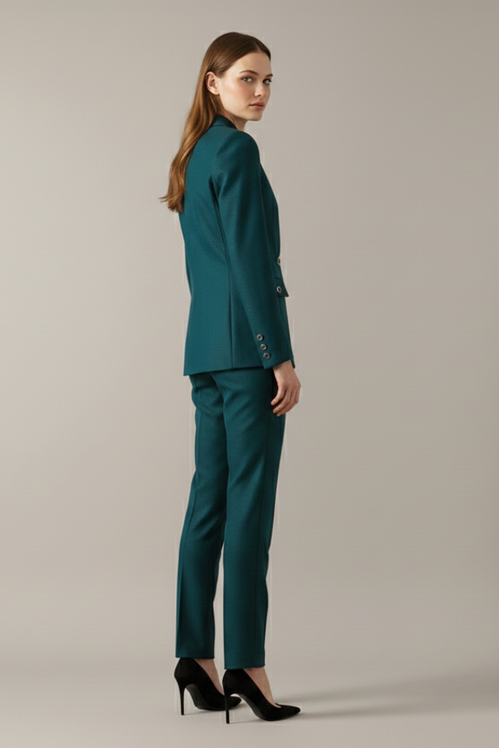 Elegant women's suit set: a sleek one-button blazer and comfortable straight leg trousers for professional women.