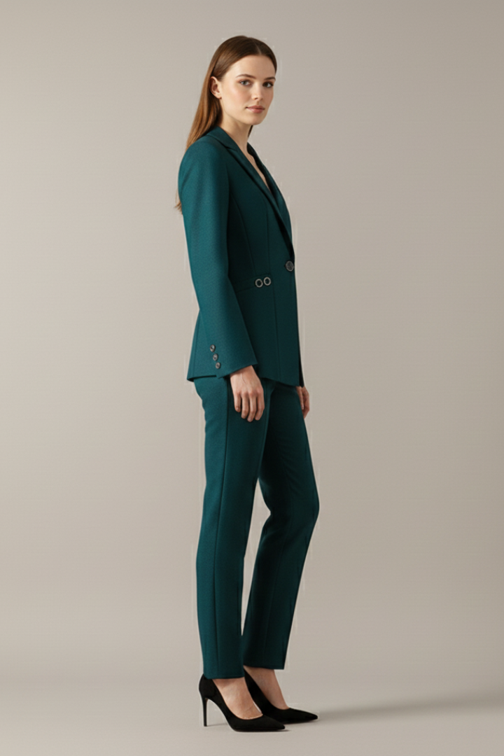 Professional women's two-piece blazer and pants set. Tailored workwear for a polished office look.