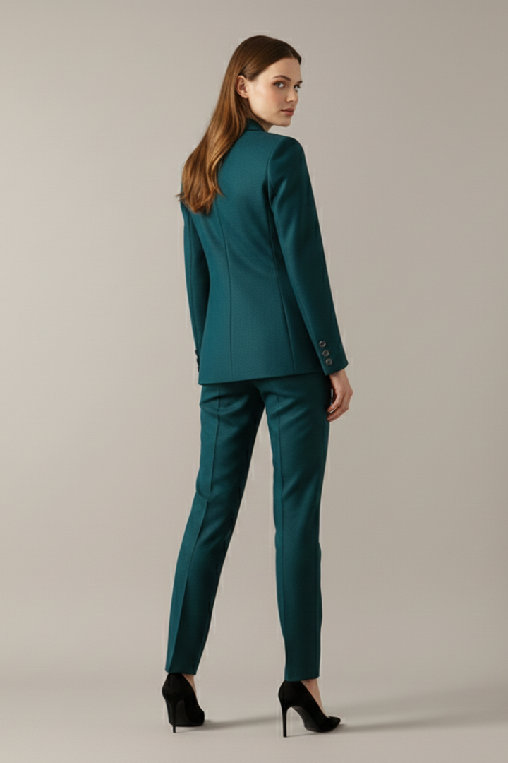 Stylish women's one-button blazer jacket and matching straight leg pants for a modern business outfit.