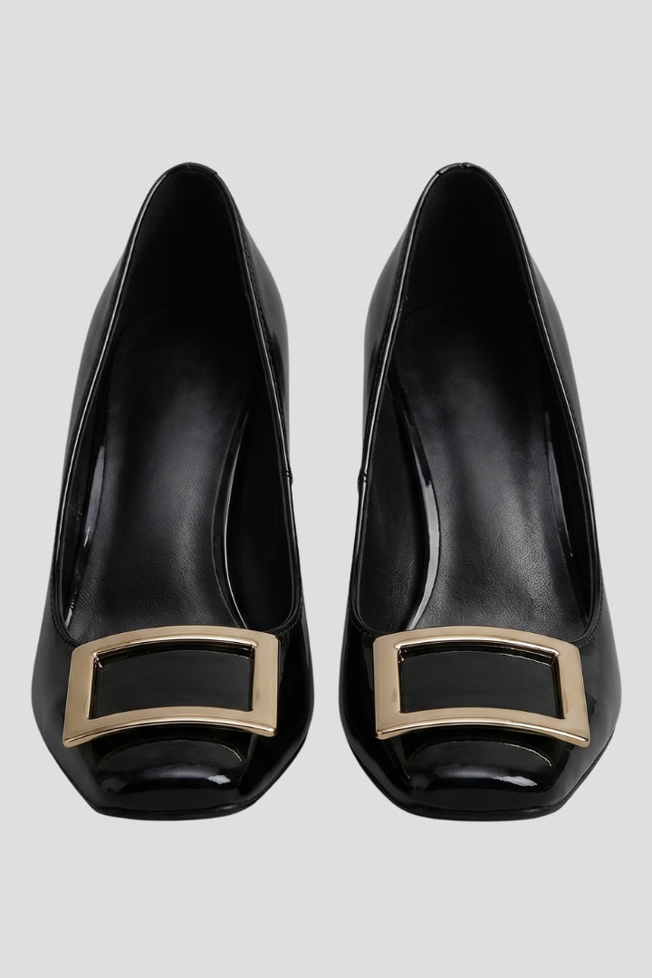 Women's square toe heeled sandals with elegant metallic accent for a chic, modern look.
