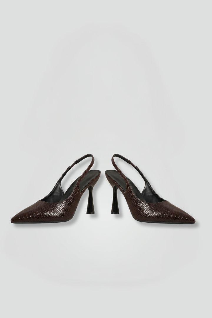 Dark brown women's pointed toe slip-on high heel stiletto sandals, elegant for formal events & parties.