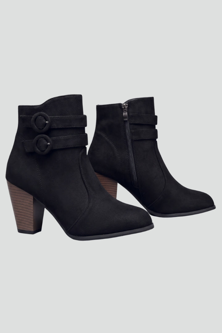 Stylish women's cowboy boots with intricate buckle detail & sturdy block heel, perfect for casual western fashion.