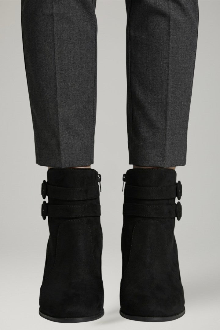 Black women's western boots with elegant buckle detail & comfortable sturdy heel. Ideal tall fashion footwear.