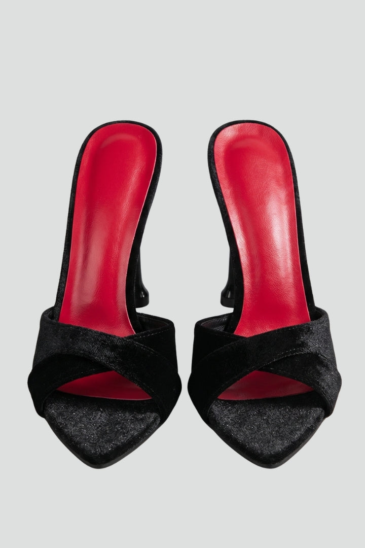 Black open-toe stiletto high heels for women, perfect for elegant evening wear & formal events.