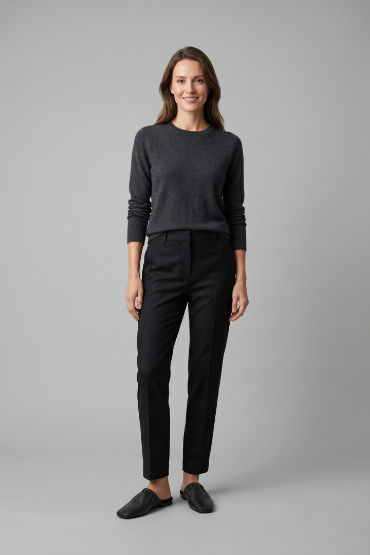 Comfortable black women's flat mules with a stylish cap toe, ideal for effortless slip-on everyday fashion.