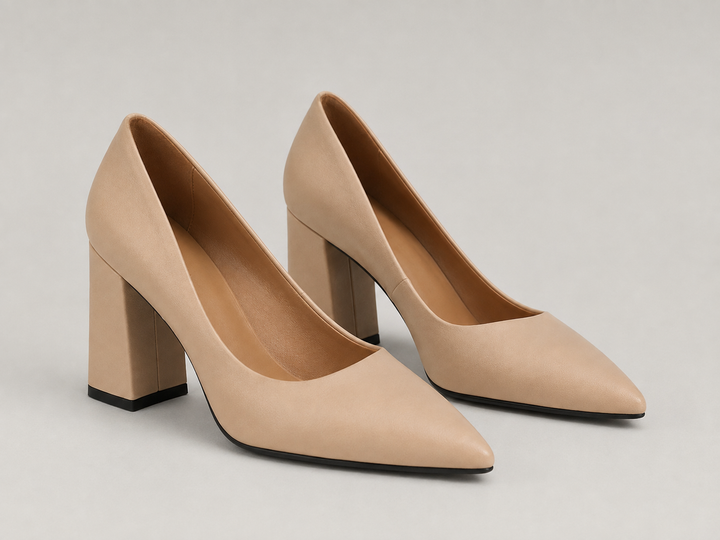 Women's elegant black slip-on pointed toe pumps with a stable block heel, perfect for work or dressy occasions.