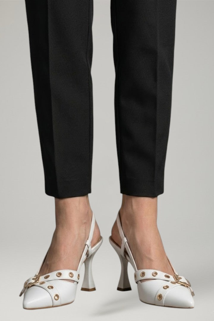 Sleek women's pointed toe stiletto sandals with a secure buckle strap, suitable for evening events.