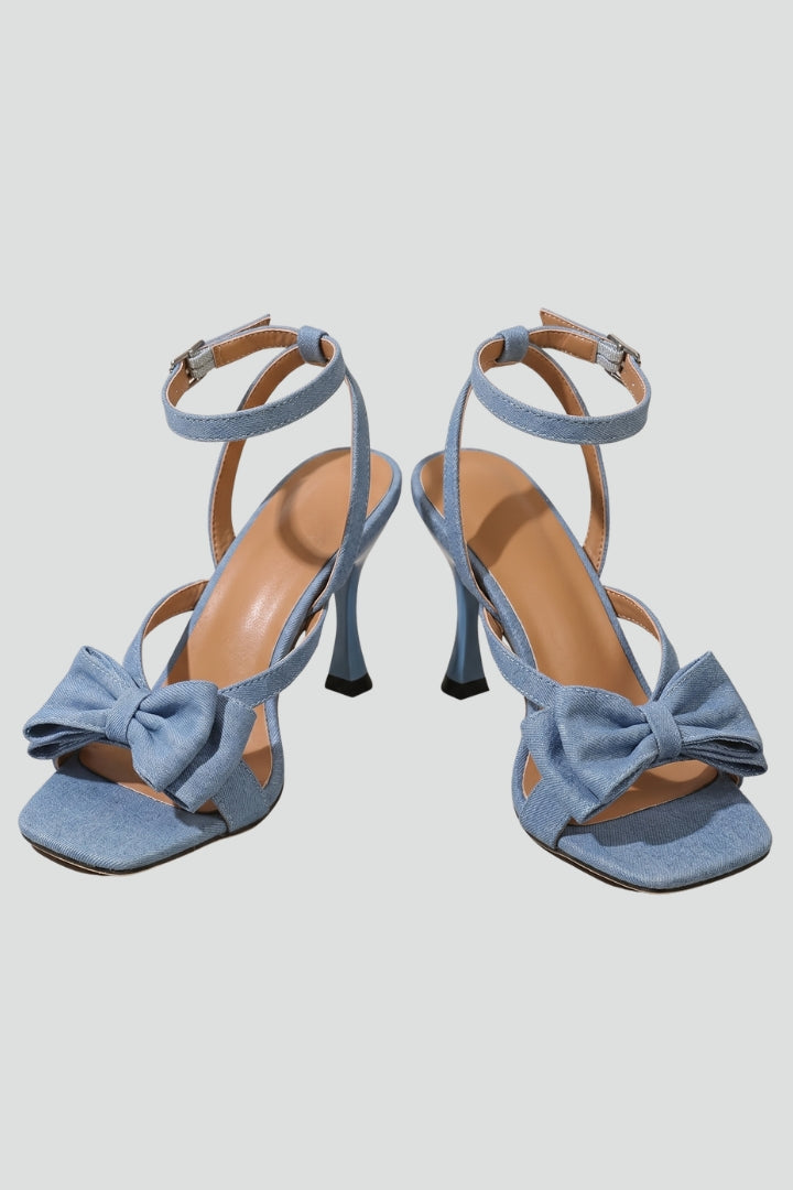 Elegant denim blue square toe stiletto sandals for women with buckle closure, perfect for parties & evenings.