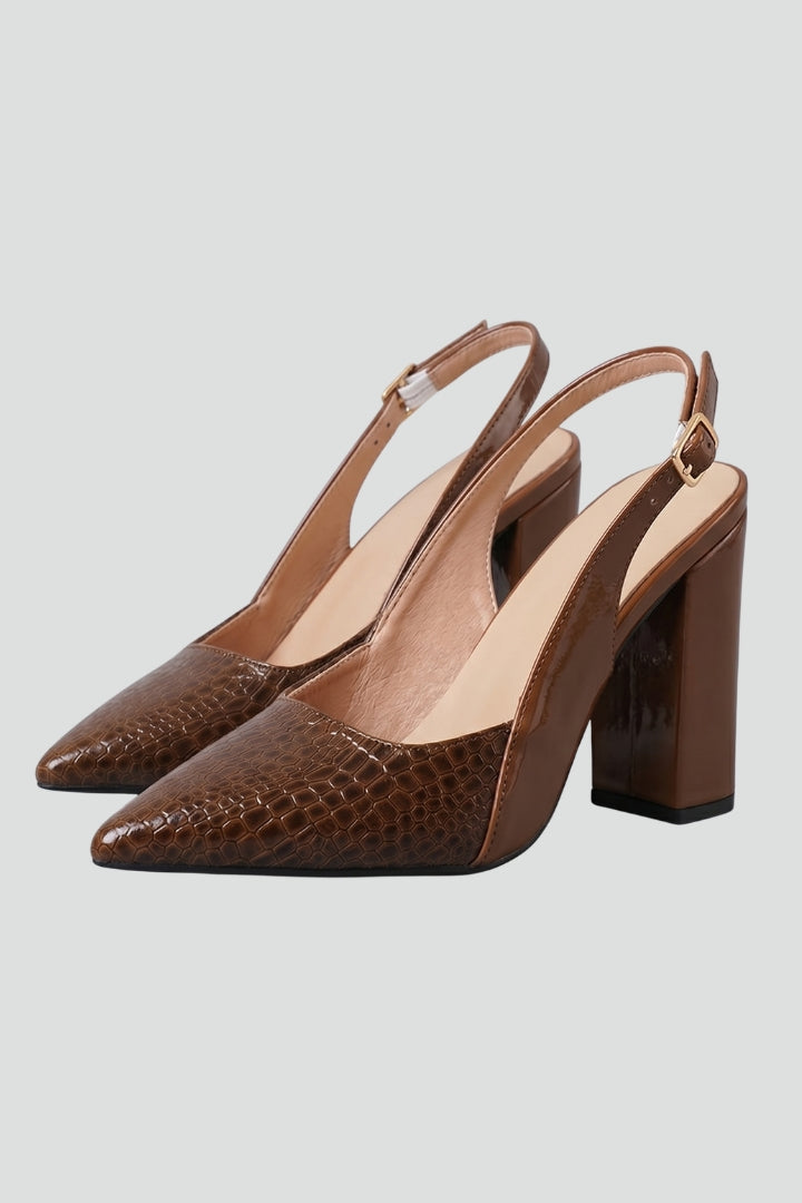 Elegant brown women's pointed toe block heel shoes with ankle strap, perfect for parties & formal wear.