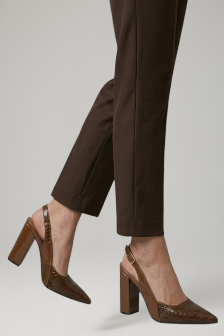 Sophisticated brown women's pointed toe ankle strap high heels, a stylish block heel for dressy occasions.