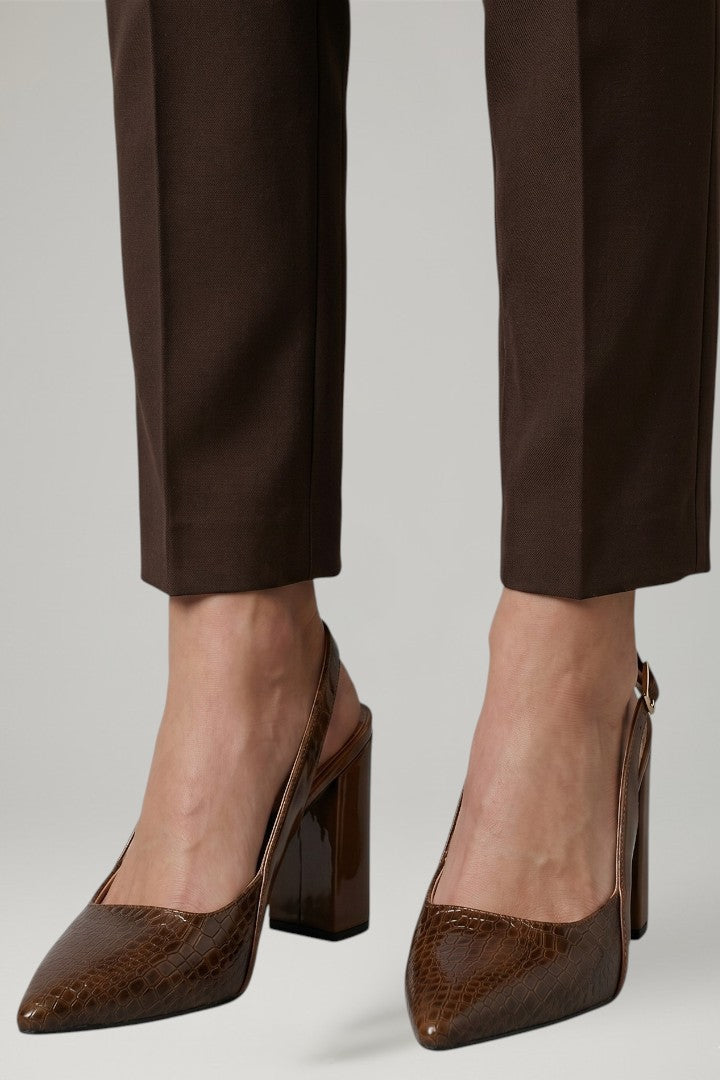Stylish women's pointed toe block heel dress shoes with ankle strap in brown, ideal for formal events.